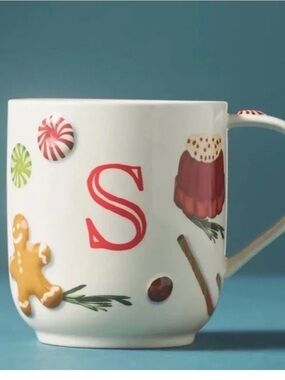 Anthropologie Holifaye Monogram S Holiday Candy White Ceramic Mug new